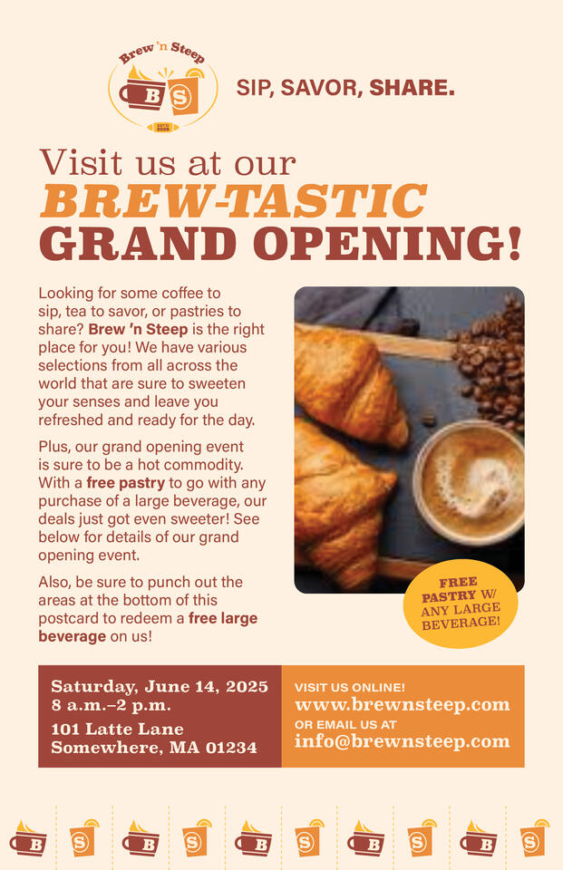 2025 SkillsUSA MA SLSC – Advertising Design – Brew ’n Steep Mailing Postcard, 2025 Adobe InDesign and Illustrator